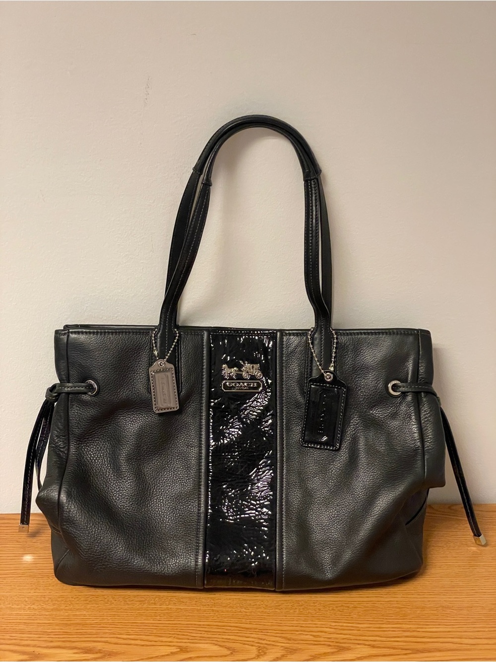 AUTH COACH CHELSEA LEATHER STRIPE CHARLIE CARRYALL LARGE BAG PURSE 18962 BLACK